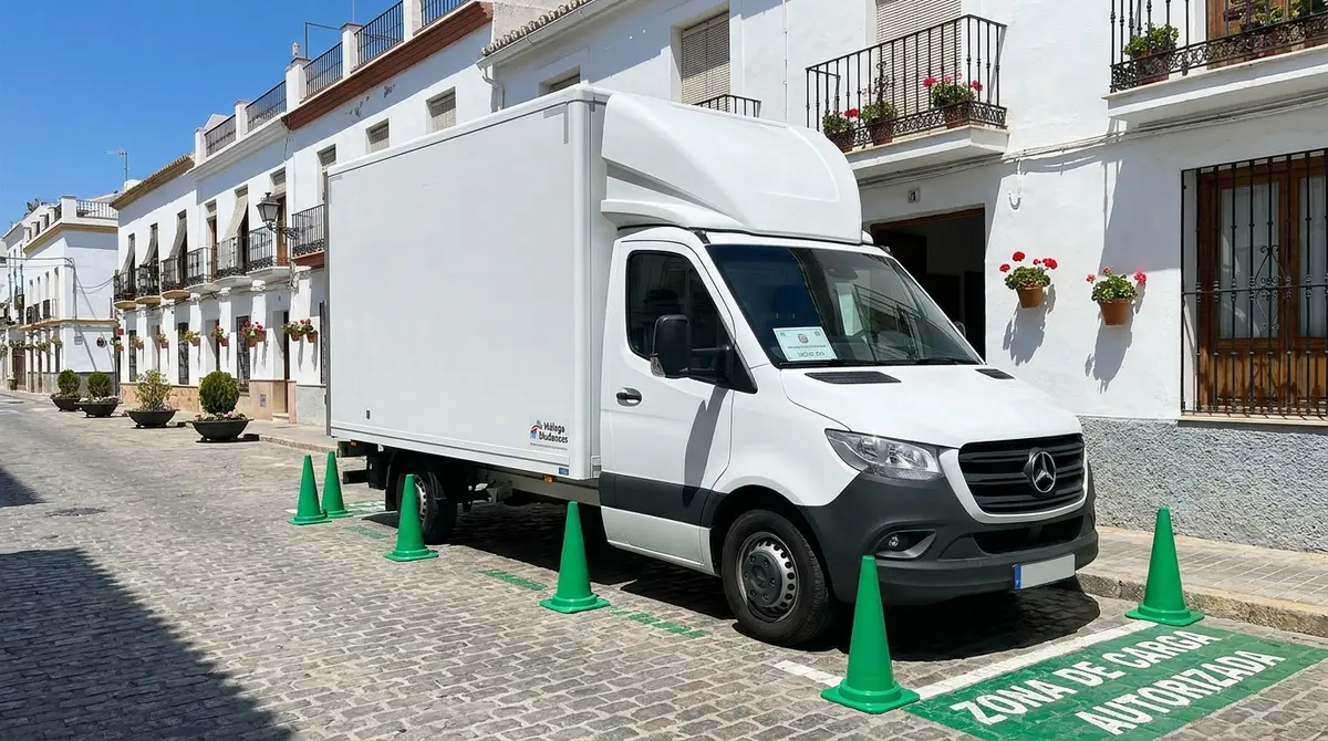 Camión de mudanzas estacionado de forma segura y legal en una zona reservada en Málaga.