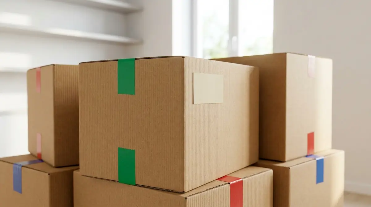Cajas de mudanza organizadas y etiquetadas por colores para acelerar el desembalaje.